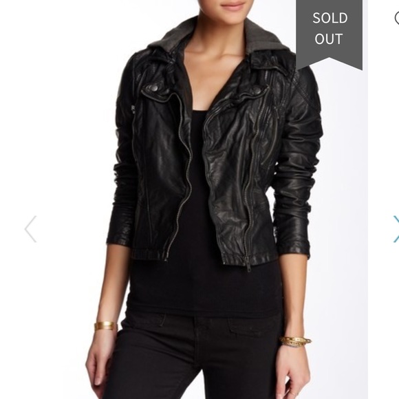 hooded faux leather moto jacket